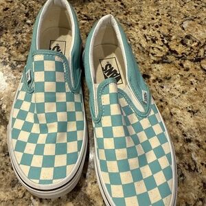blue checkered slip on vans